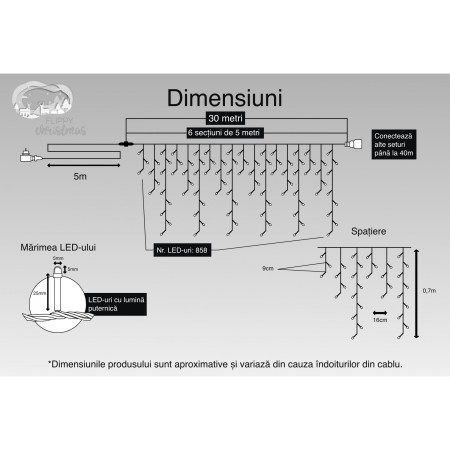 Instalatie Craciun, 30 m, 858 Led-uri ,Franjuri, Multicolor, Flash, Transformator cu telecomanda, Interconectabila, Prelungitor 5 m inclus, Fir Transparent, Flippy