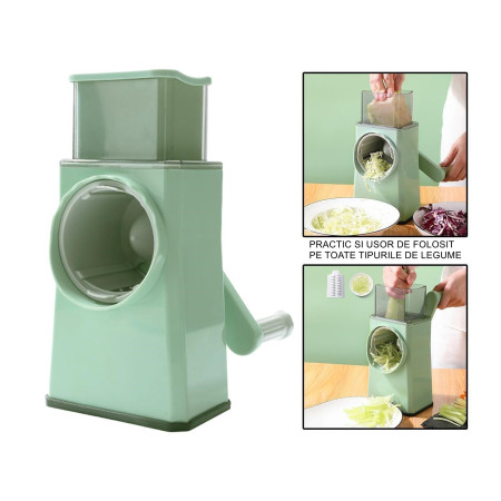 Feliator manual pentru legume Flippy, 3 lame din otel inxodabil, 3 tipuri de feliere, material carcasa ABS, latime maxima feliere 4 mm, baza de tip ventuza, usor si sigur de utilizat, 28.5 x 9,2 x 13.5 cm, verde