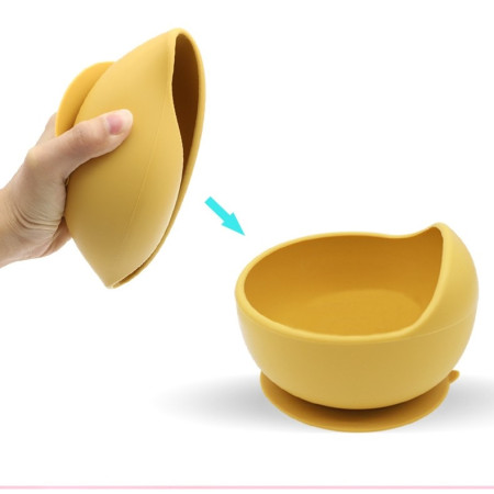 Accesorii diversificare bebelusi 5 piese din silicon, farfurie compartimentata, bol si baveta cu ventuza, tacamuri, galben