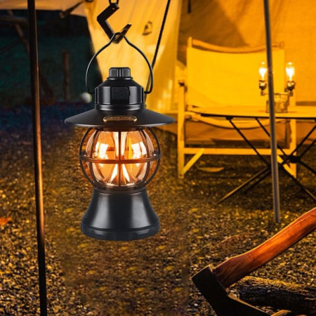Lampă Camping Retro Portabilă Neagră, Felinar LED Vintage, 1200mAh, Reîncărcabilă, 3 Moduri Iluminare, Intensitate Reglabilă, 20 cm, Cârlig Agățare
