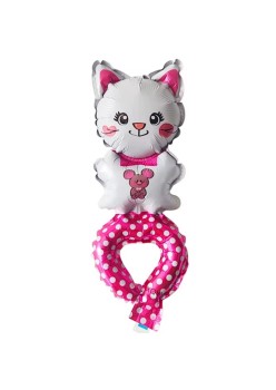 Balon din Folie Metalizata, Flippy, Figurine Animalute, Tip Bratara, Model Pisica, Ambalaj Individual, Pai Inclus, Umflare cu Aer sau Heliu, Alb
