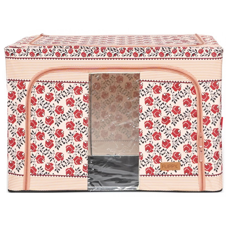 Cutie de Depozitare Pliabila cu 2 Usi de Acces si Fereastra Frontala, Fermoar Bidirectional, 66 L, Bumbac si In, 52 x 42 x 39 cm, Model Traditional 7