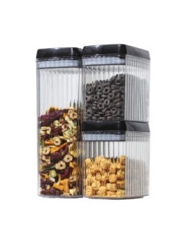 Cutii de Depozitare Alimente, Flippy, Set din 3 Cutii de tip Container, Recipiente pentru Cereale in Bucatarie,  Transparente cu Capac Negru