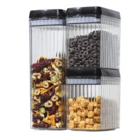 Cutii de Depozitare Alimente, Flippy, Set din 3 Cutii de tip Container, Recipiente pentru Cereale in Bucatarie,  Transparente cu Capac Negru