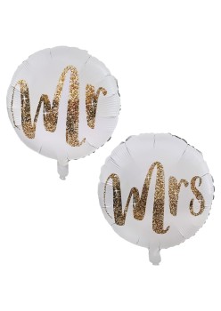 Set 12 Baloane din Folie Metalizata si din Latex, Flippy, Model Mr Mrs, Tema Nunta, Baloane Party cu Confetti, 45 cm, 30 cm, Pai inclus, Umflare cu Aer sau Heliu, Alb/Auriu