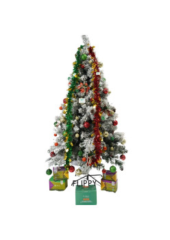 Set brad artificial de Craciun si elemente decorative, nins, decorat cu conuri pin, pentru interior/exterior, inaltime 210 cm, diametru 131 cm, 630 ramuri, Flippy, alb/verde, suport metalic inclus