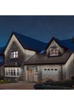 Instalatie Craciun Tip Franjuri/Turturi, 8 Jocuri de Lumini, Interconectabila, 12 m, 300 LED-uri, Prelungitor 1.5 m, Fir transparent, Alb Rece