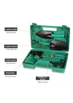 Set 5 Accesorii Grădinărit cu Geantă Depozitare, Oțel Inoxidabil, Foarfecă + Gheruțe + Pulverizator, 18.5 x 29.5 cm, Verde