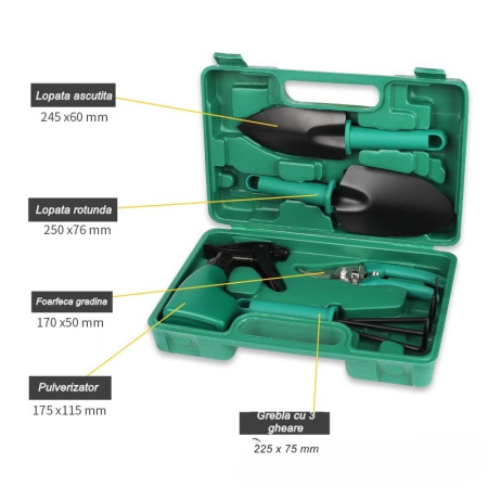 Set 5 Accesorii Grădinărit cu Geantă Depozitare, Oțel Inoxidabil, Foarfecă + Gheruțe + Pulverizator, 18.5 x 29.5 cm, Verde