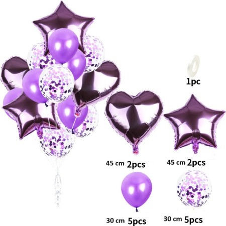 Set 14 Baloane din Folie Metalizată si din Latex, Flippy, Figurine Stea si Inima 45 cm, Baloane Latex 30 cm, Tema Buchet, Ambalaj Individual, Pai Inclus, Umflare cu Aer sau Heliu, Mov