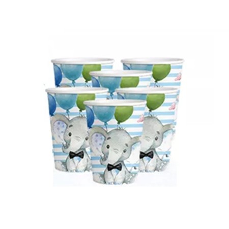 Set 10 Pahare, Flippy, Imprimeu Elefant, din Carton, 7.5 x 8.5 cm, Albastru