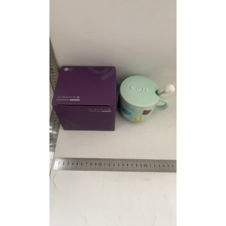 Cana ceramica, Flippy, Model Cute, cu capac si lingura, Albastru