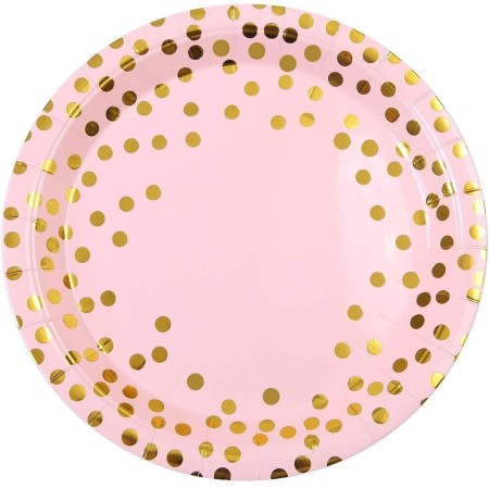 Set 10 Farfurii Unica Folosinta, Flippy, Imprimeu cu Buline, din Carton, Diametru 18 cm, Roz/Auriu