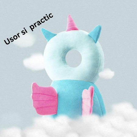 Pernă Tip Rucsac pentru Protecția Capului Bebelușilor, Tetieră Ergonomică Model Unicorn, 33x6x19 cm, 180 g, Albastru