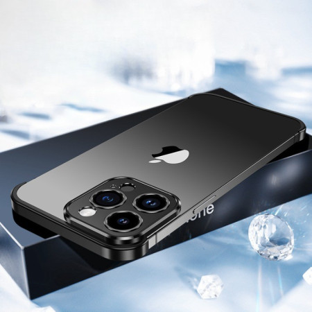 Husa Metalica Edgeless  Compatibila cu iPhone 15 Pro Max, Flippy, Protectie pentru Colturi si Camera, Aliaj, Antisoc, Antizgariere, Negru Metalizat