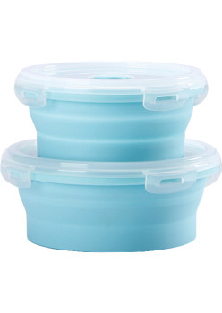 Set 2 caserole rotunde pliabile Flippy, din silicon, rezistenta la temperaturi ridicate, usor de depozitat si curatat, 500 si 800 ml, utilizare in cuptorul cu microunde, albastra