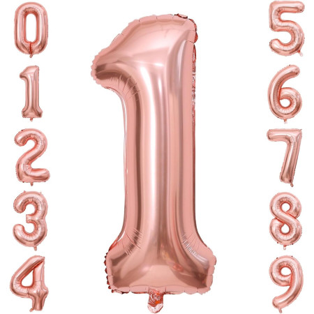Balon din Folie Metalizata Flippy, Figurina Cifra, Tema Aniversare 40 cm, Ambalaj Individual, Pai inclus, Umflare cu Aer sau Heliu, Rose Gold, Cifra 1