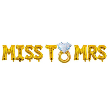 Set Baloane din Folie Metalizata, Flippy, Model Miss to Mrs cu Inel de Logodna, Litere de 40 cm, Tema Iubire, Baloane Party, Ambalaj Individual, Pai Inclus, Umflare cu Aer sau Heliu, Auriu