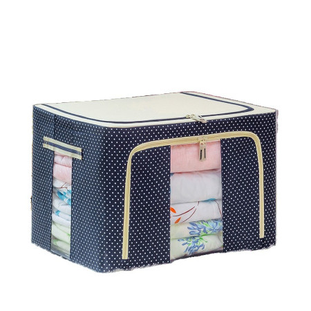 Cutie de Depozitare Pliabilă Premium, 66L, Pânză Oxford, Cadru Metalic, Fermoar Dublu, Ferestre Frontală și Laterală, Imprimeu Buline, 50x40x33 cm, Albastru Marin