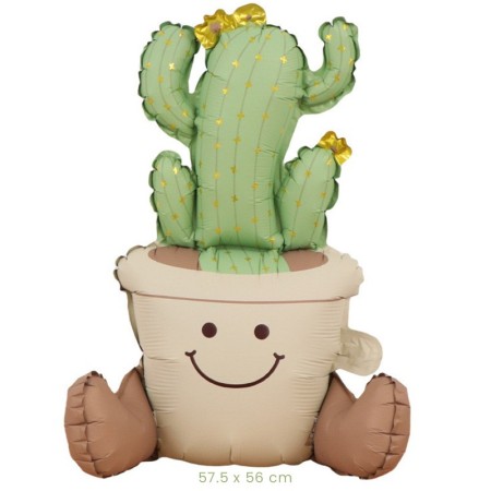 Balon din Folie Metalizata, Flippy, Figurina Animata, Model Ghivechi Cactus, 57.5 x 56 cm, Ambalaj Individual, Pai Inclus, Umflare cu Aer sau Heliu, Verde