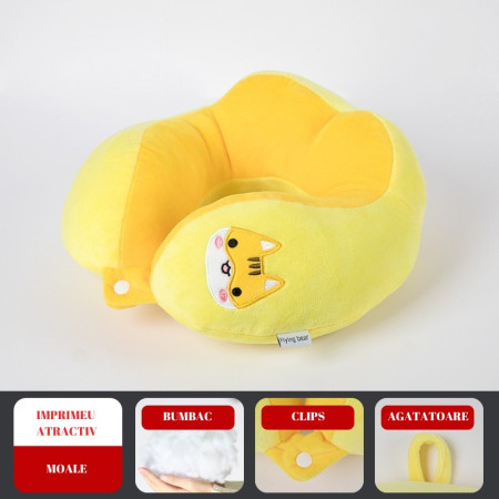 Pernă TravelPaws, Suport Ergonomic pentru Gât și Cap, Umplutură Moale din Bumbac, Model Brodat Pisică, 28x28x10 cm, Galben