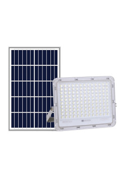 Proiector LED cu Panou Solar Flippy, Senzor de lumina Waterproof, 200W, 29x23 cm, suport U inclus, panou afisaj nivel baterie, telecomand, 220V, Design Modern, Alb