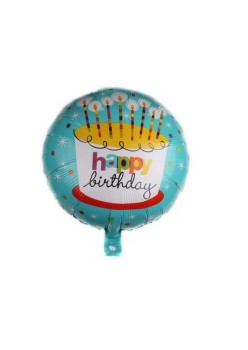 Balon din Folie Metalizata, Flippy, Mini Figurina Rotunda, Model Happy Birthday Tort, Tema Aniversare, 45 cm, Ambalaj Individual, Pai inclus, Umflare cu Aer sau Heliu, Albastru