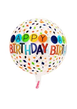 Balon din Folie Metalizata, Flippy, Figurine 4D, Model Happy Birthday, Tematica Aniversara Bombonele, 63x24 cm, Ambalaj Individual, Pai Inclus, Umflare cu Aer sau Heliu, Alb-Multicolor