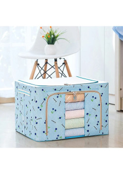 Cutie de Depozitare Pliabilă, 100L, Țesătură Oxford, Cadru Metalic, Fermoar Dublu, Fereastră Frontală, Imprimeu Cireșe, 60x42x40 cm, Albastru