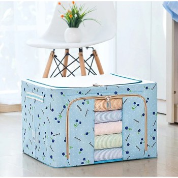 Cutie de Depozitare Pliabilă, 100L, Țesătură Oxford, Cadru Metalic, Fermoar Dublu, Fereastră Frontală, Imprimeu Cireșe, 60x42x40 cm, Albastru