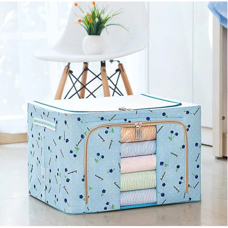 Cutie de Depozitare Pliabilă, 100L, Țesătură Oxford, Cadru Metalic, Fermoar Dublu, Fereastră Frontală, Imprimeu Cireșe, 60x42x40 cm, Albastru
