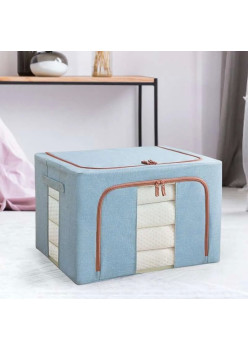 Cutie de Depozitare Pliabilă, 66L, Bumbac și In, Cadru Metalic, Bază Rigidă, Ferestre Frontale și Laterale, 2 Uși cu Fermoar Bidirecțional, 50x40x33 cm, Bleu