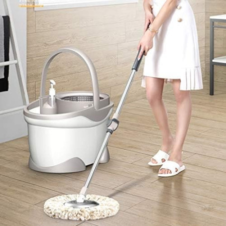 Set Galeata si Mop Rotativ 360°, Flippy, Cu Dubla Actiune Centrifuga, Pentru Uz Casnic, Maner din Otel Inoxidabil Telescopic, 2 Capte din Bumbac, 46x27x29 cm, Alb