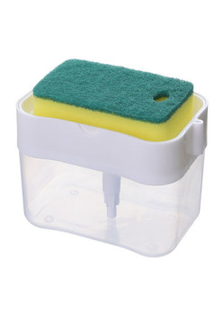 Dozator Flippy, Dispenser 2 in 1 pentru Detergent Lichid de Vase sau pentru Obiecte Sanitare cu Suport pentru Burete de Bucatarie ,14 x 10.5 x 10 cm, capacitate 380 ml, alb