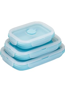 Set 3 caserole pliabile Flippy, din silicon, rezistenta la temperaturi ridicate, usor de depozitat si curatat, 350/500/800 ml, utilizare in cuptorul cu microunde, albastra