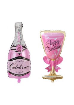 Set 2 Baloane din Folie Metalizata, Flippy, tematica Aniversare HAPPY BIRTHDAY, Figurine Model Sticla de Sampanie 50 x 108 cm si Pahar 48 x 93 cm, Roz
