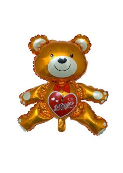 Balon din Folie Metalizata, Flippy, Figurina Urs, Model Love, Tema Ziua Indragostitilor, 60x63cm, Ambalaj Individual, Pai Inclus, Umflare cu Aer sau Heliu, Maro