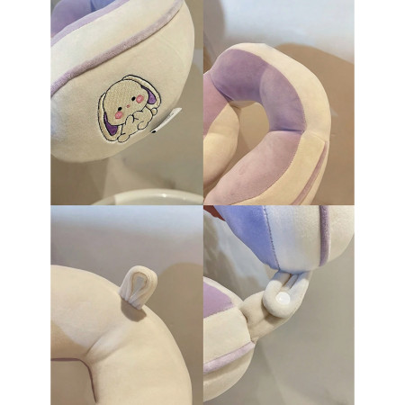 Pernă de Călătorie pentru Gât și Cap, Design Ergonomic, Umplutură Moale din Bumbac, Model Brodat Iepure, 28x28x10 cm, Lila