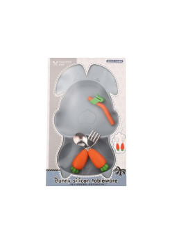 Set diversificare bebelusi Flippy, din silicon, 26 x 15 cm, 1 farfurie compartimentata in forma de iepure, lingurita si furculita, pai, perie pai, fara alergeni, ventuza fixare,  forma creativa,  bleumarin