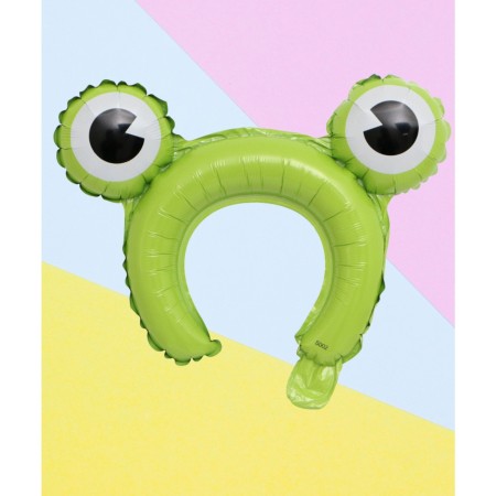 Balon din Folie Metalizata, Flippy, Tip Coronita cu Urechi, Model Broasca, Ambalaj Individual, Pai Inclus, Umflare cu Aer sau Heliu, 28 x 31 cm, Verde