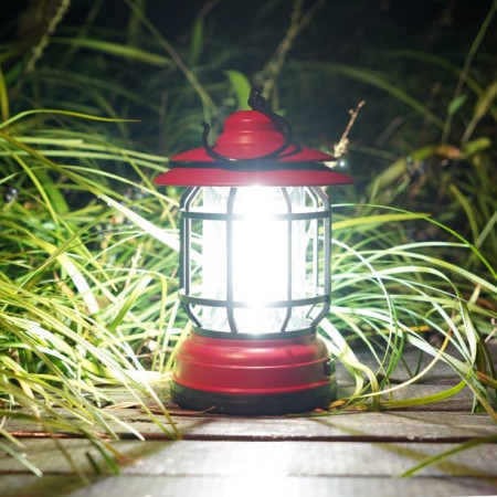 Lampă Portabilă Camping Roșie, Felinar Vintage cu Cârlig, 21 COB LED, Intensitate Reglabilă, 360° Iluminare, 5W, ABS, 10.8x14 cm