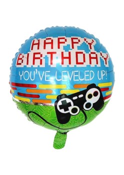 Balon din Folie Metalizata, Flippy, Mini Figurina Rotunda, Model Happy Birthday Gamer, Tema Aniversare, 45 cm, Ambalaj Individual, Pai inclus, Umflare cu Aer sau Heliu, Albastru