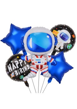 Set 5 baloane din folie metalizata HAPPY BIRTHDAY, Flippy, Figurina Model Astronaut, Stelute Albastre, Adeziv si pai incluse, 78 x 45cm, Albastru inchis