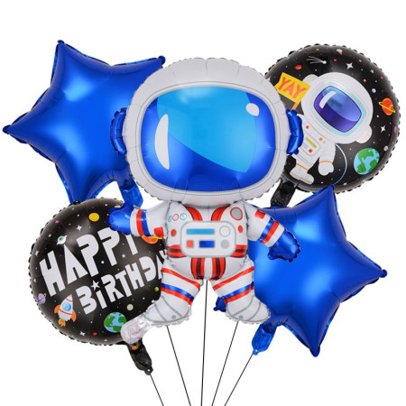 Set 5 baloane din folie metalizata HAPPY BIRTHDAY, Flippy, Figurina Model Astronaut, Stelute Albastre, Adeziv si pai incluse, 78 x 45cm, Albastru inchis