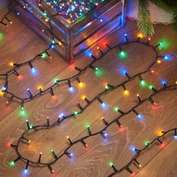 Instalatie de Craciun beculet in 6 colturi, 8 jocuri de lumini, liniara, 10 m, din care 1 m cablu priza 220V, 100 LED, controler, fir negru, multicolor