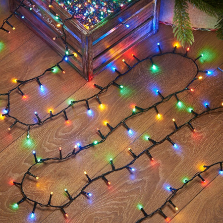 Instalatie de Craciun beculet in 6 colturi, 8 jocuri de lumini, liniara, 10 m, din care 1 m cablu priza 220V, 100 LED, controler, fir negru, multicolor