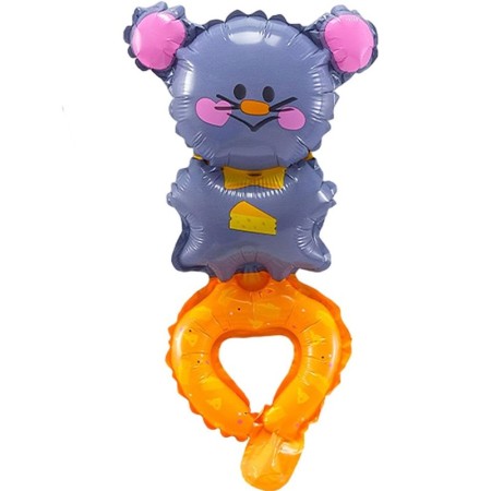 Balon din Folie Metalizata, Flippy, Figurine Animalute, Tip Bratara, Model Soricel, Ambalaj Individual, Pai Inclus, Umflare cu Aer sau Heliu, Gri