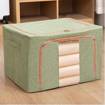 Cutie de Depozitare Pliabilă, 24L, Bumbac și In, Cadru Metalic, Fermoar Bidirecțional, Fereastră Transparentă, Verde, 40x30x20 cm