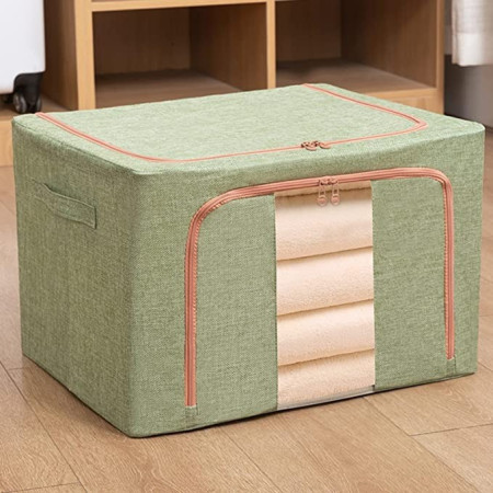Cutie de Depozitare Pliabilă, 24L, Bumbac și In, Cadru Metalic, Fermoar Bidirecțional, Fereastră Transparentă, Verde, 40x30x20 cm