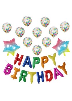 Set 12 Baloane si 1, Set pentru Aniversare, mesaj Happy Birthday, din folie de aluminiu, 30 -45 cm, Cu paiete, latex si folie, Multicolor